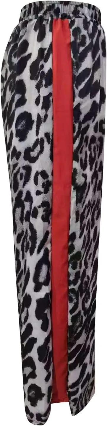 Women's Wide Leg Pants Leopard Print Color Block Trendy Pants Side Striped Loose Pant Drawstring High Waist Trousers