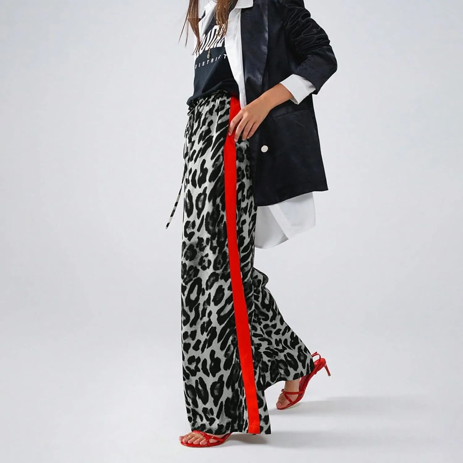 Women's Wide Leg Pants Leopard Print Color Block Trendy Pants Side Striped Loose Pant Drawstring High Waist Trousers