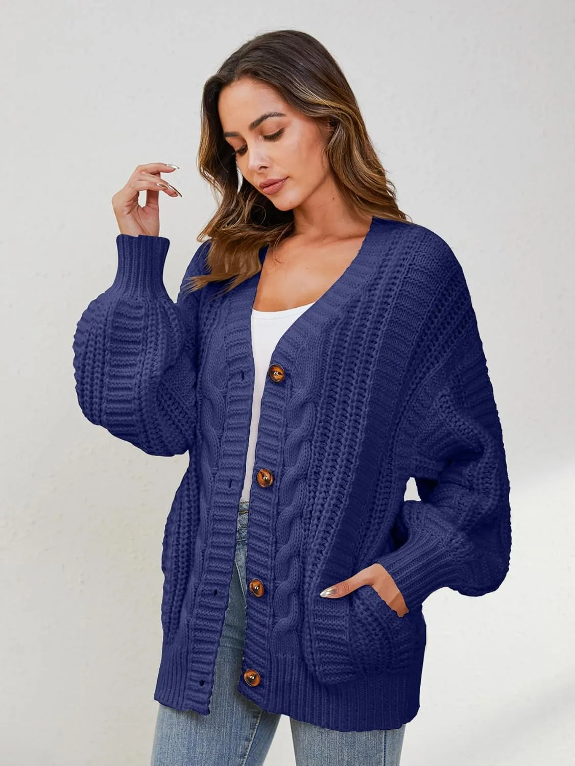 YKR Cardigan Sweaters for Women Oversized Chunky Open Front Lantern Sleeve Knit Button Down Sweaters Fall Winter 2024