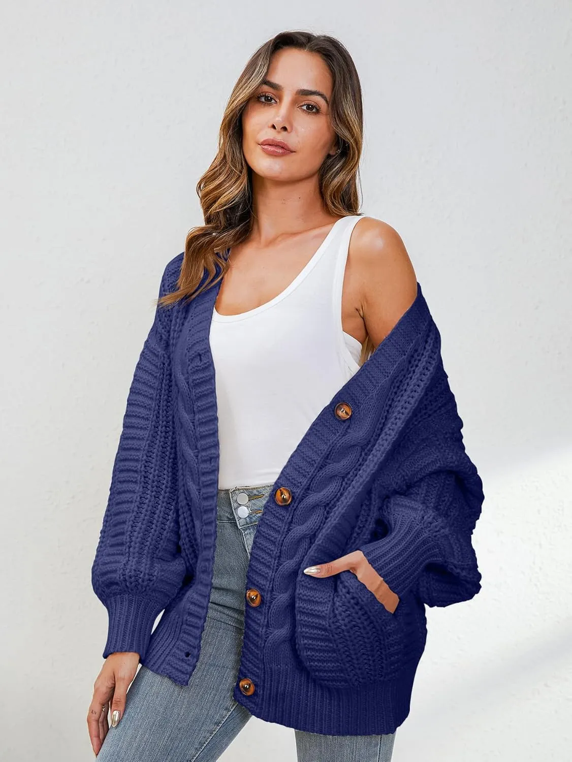 YKR Cardigan Sweaters for Women Oversized Chunky Open Front Lantern Sleeve Knit Button Down Sweaters Fall Winter 2024